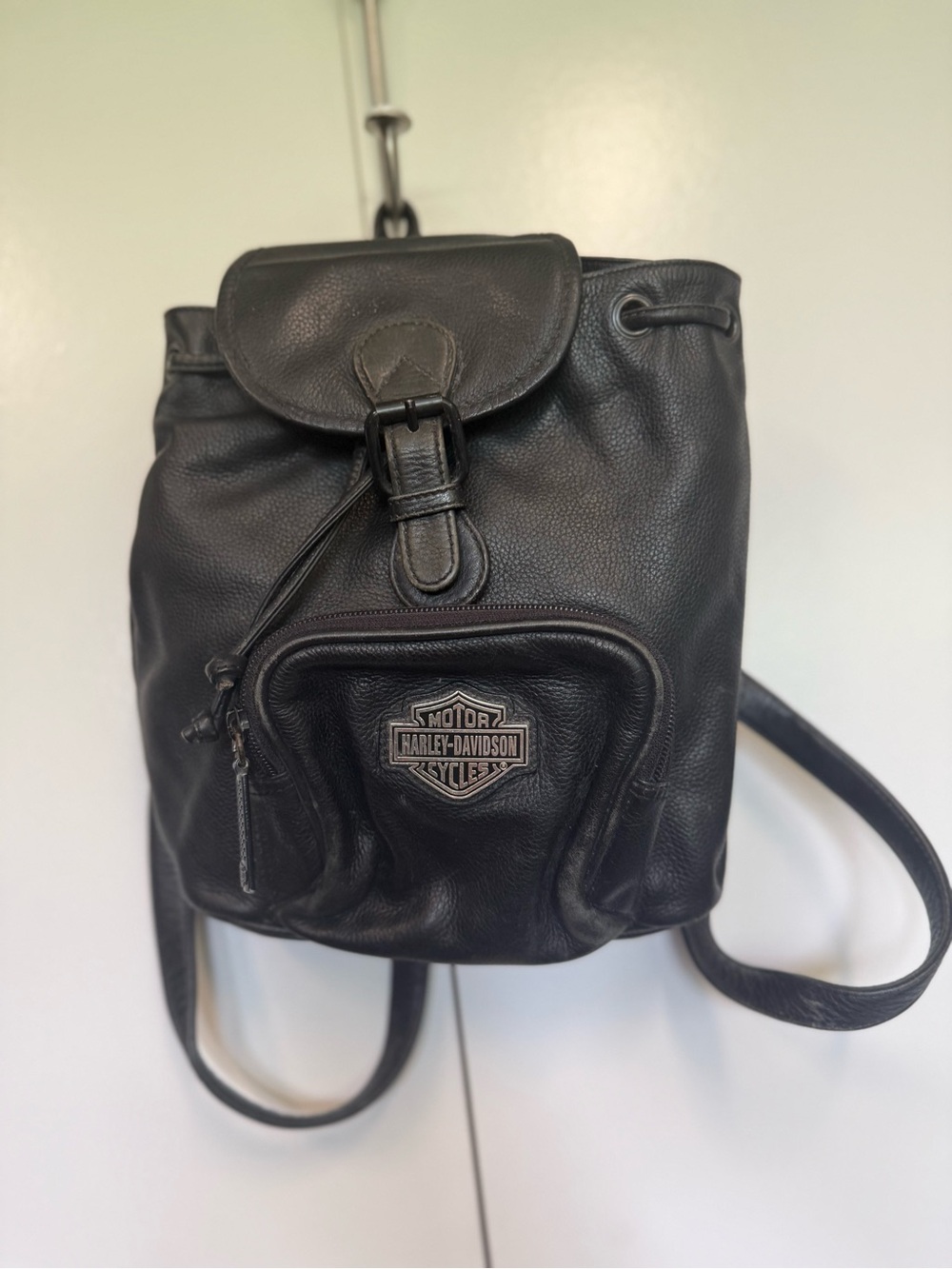 Vintage Harley-Davidson Black Leather Drawstring Backpack purse - logo